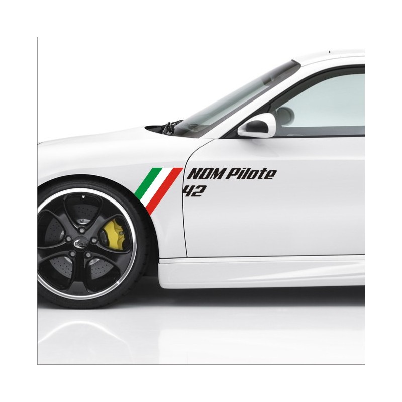 2 stickers drapeau Italien Nom Pilote + Numéro Course